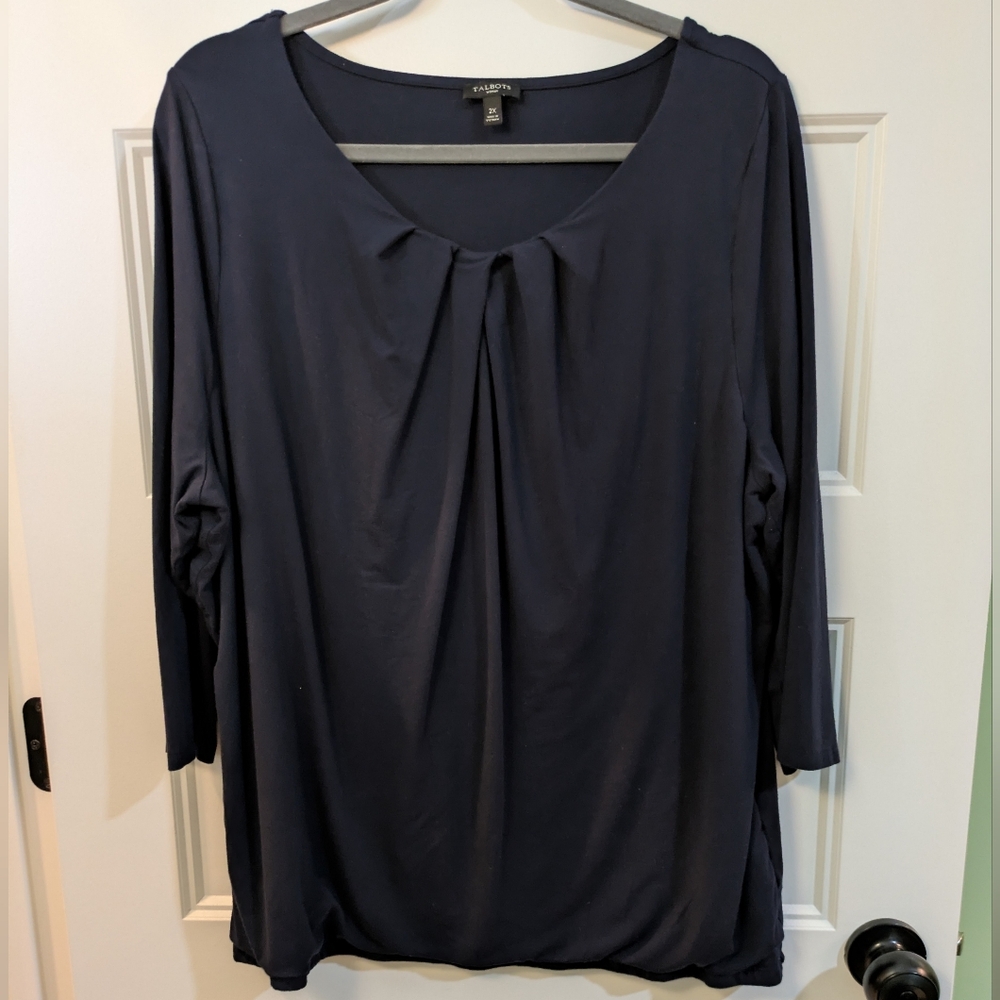 Talbots Navy Pleated Scoop-Neck 3/4 Sleeve Top